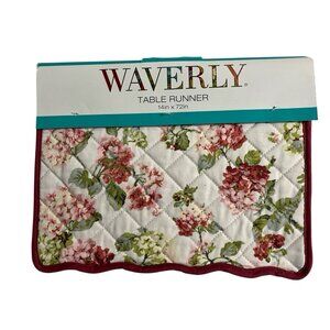 Waverly Quilted Table Runner Pink Hydrangea‎ Reversible Striped French Country